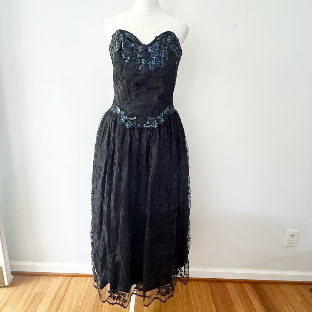 Vtg 90s Strapless Basque Waist Dress 8 Black Lace Sequin Whimsigoth Prom Fairy